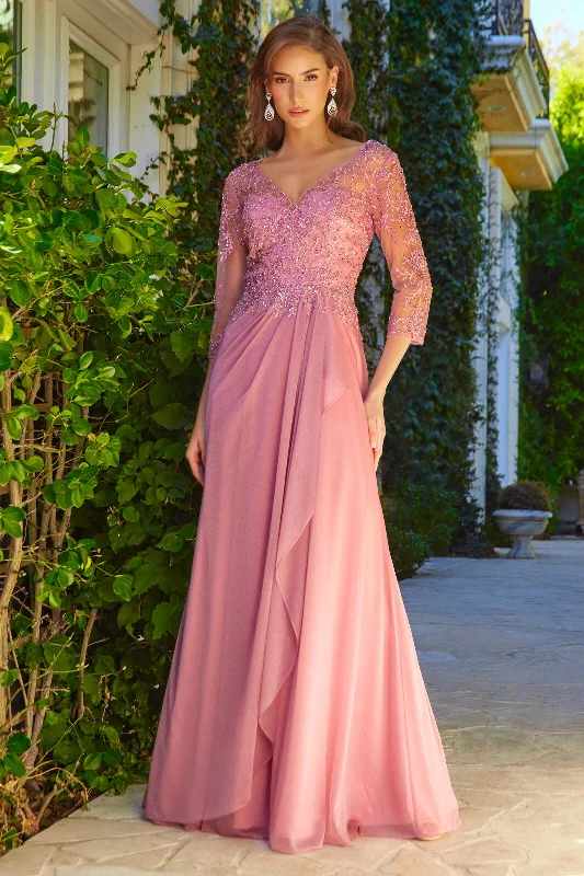Simple and elegant dresses for wedding guests -Beaded 3/4 Sleeve A-line Gown by Elizabeth K GL3574