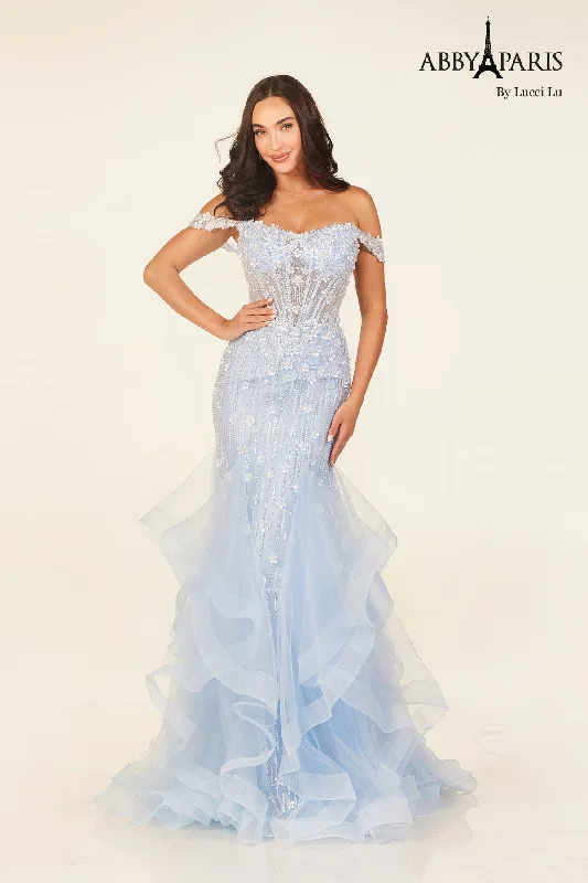 cocktail dresses with off-shoulder necklines for feminine charm --Off Shoulder Ruffled Gown by Abby Paris 90333