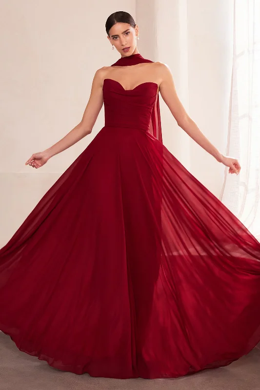bridesmaid dresses with mesh sleeves for subtle elegance --Chiffon Strapless A-line Gown by Ladivine T703