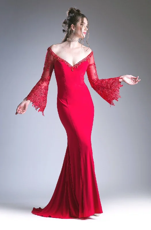 Wedding guest dresses with an elegant, timeless appeal -Off Shoulder Dress with Lace Bell Sleeves by Cinderella Divine 71272