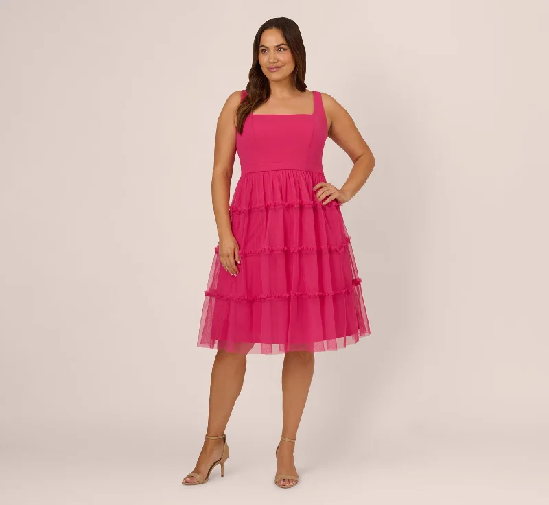 Chic wedding guest dresses for weddings with a modern twist -Plus Size Sleeveless Midi Dress With Square Neck And Tiered Skirt In Bright Rose