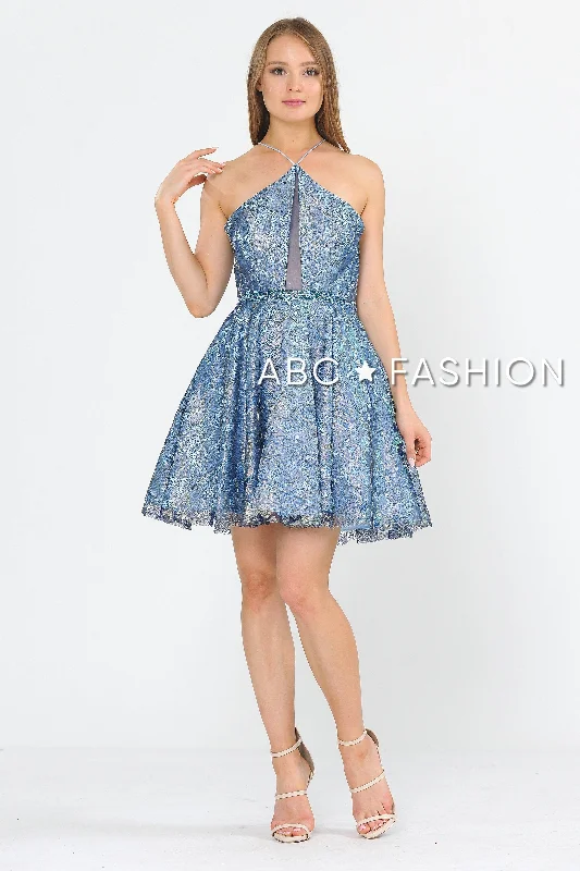 Graduation dresses with high-low hems for a unique style -Short Floral Glitter Dress with Illusion Cutout by Poly USA 8506