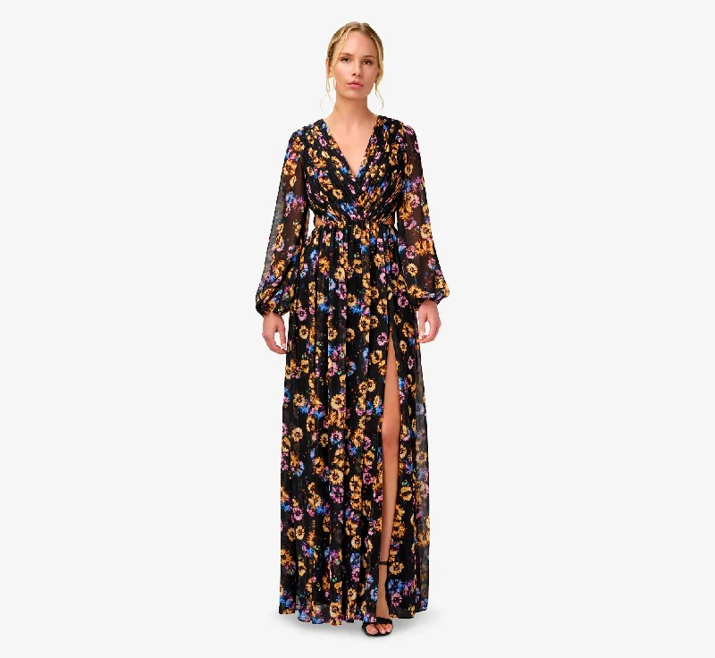 formal dresses with chiffon overlays for soft flow --Floral-Print Pleated Chiffon Long A-Line Gown In Black Multi