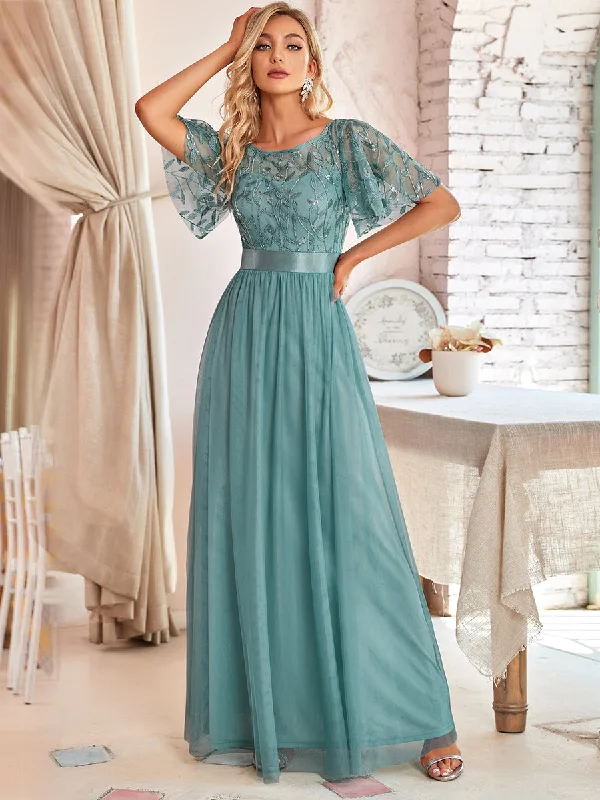 Bridesmaid party dresses for chic looks -Sequin Print Floor-length Wholesale Evening Dresses with Cap Sleeve