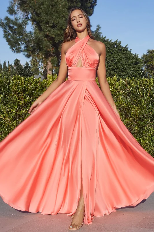 bridesmaid dresses with tiered skirts for volume --Long Convertible Satin A-line Slit Dress by Ladivine CD323