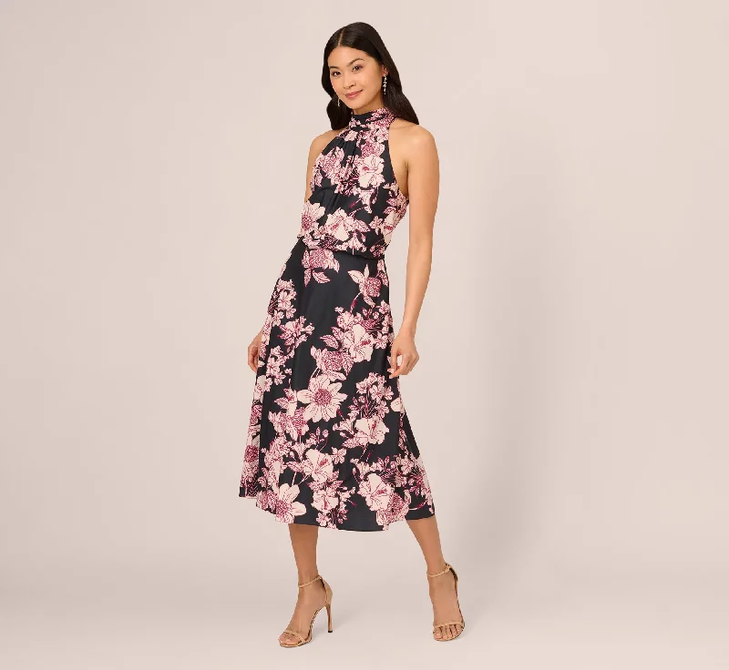 Wedding guest dresses for luxurious weddings with grand venues -Floral Print Halter Midi Dress With Mock Neckline In Black Multi