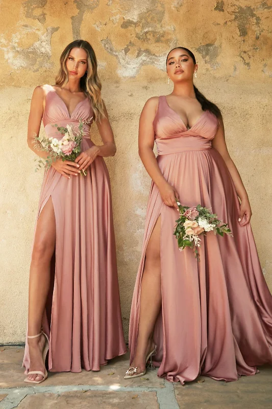 Gorgeous wedding guest dresses for a sunset beach ceremony -Plus Size Long Satin V-Neck Dress by Cinderella Divine 7469