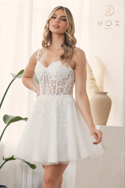 Comfortable but stylish party dresses for dancing -Embroidered Short Corset Tulle Dress by Nox Anabel H784 - Outlet