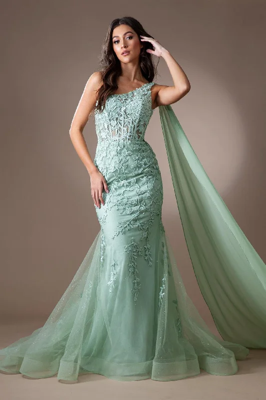 Wedding guest dresses for spring and summer seasons -Applique One Shoulder Cape Gown by Amelia Couture 7048