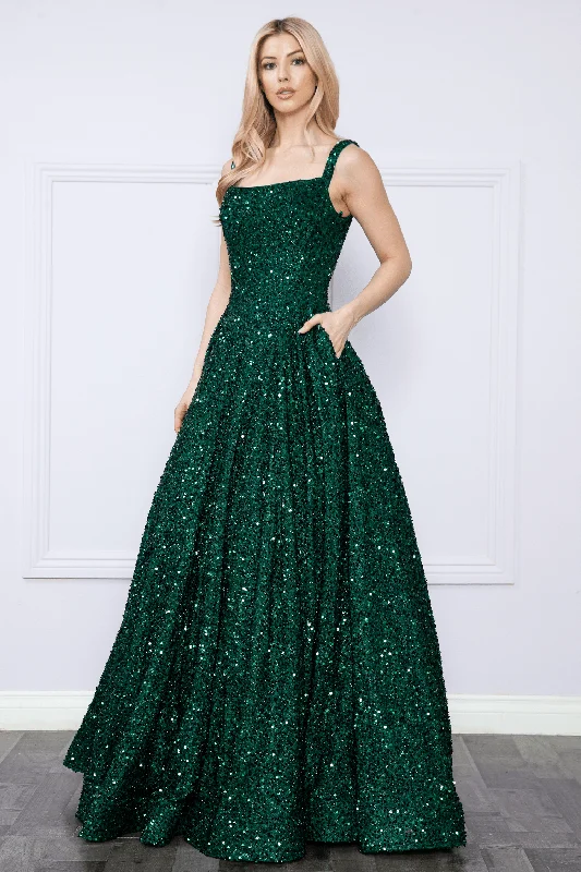 formal dresses with sheer panels for modern style --Sequin Long Sleeveless A-line Dress by Poly USA 9106