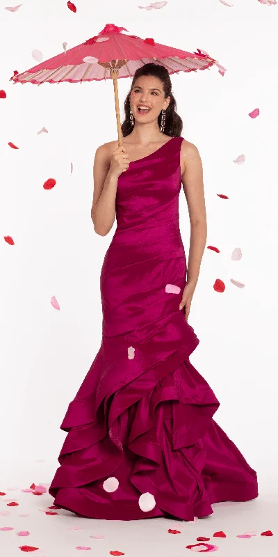 Black velvet party dresses for winter events -One Shoulder Taffeta Tiered Hem Mermaid Dress