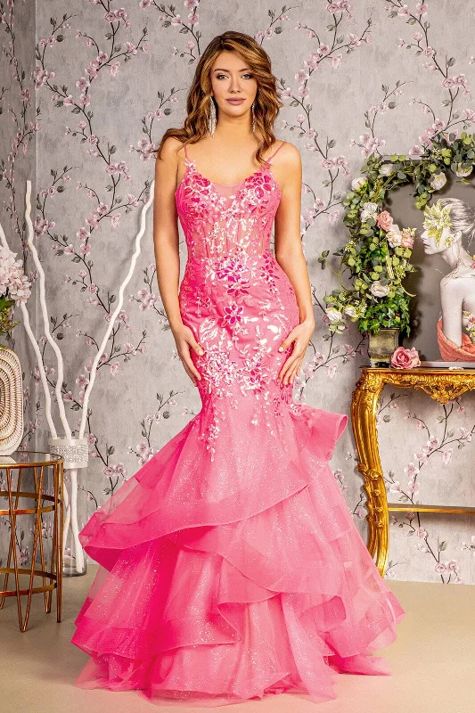 cocktail dresses with open shoulder designs for summer --Applique Sleeveless Ruffled Mermaid Dress by GLS Gloria GL3205