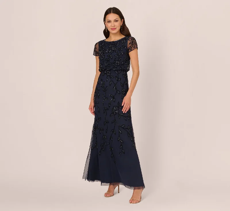formal dresses for tall women with high slits --Jasmine Beaded Blouson Gown With Sheer Short Sleeves In Navy Black