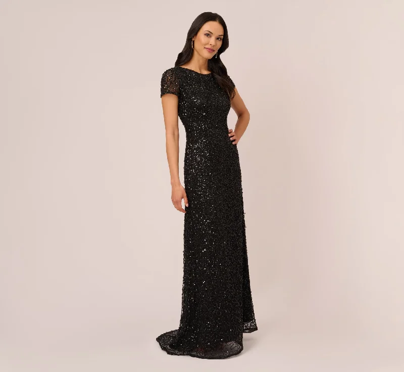 formal dresses with satin sashes for waist accentuation --Scoop Back Sequin Gown In Black