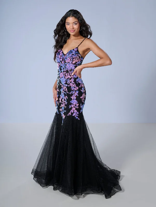 cocktail dresses with satin belts for waist definition --Applique Corset Mermaid Dress by Tiffany Designs 16240
