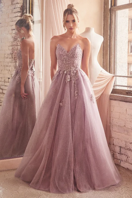 formal dresses for evening galas with sequin embellishments --Applique Strapless Corset Slit Gown by Ladivine C148