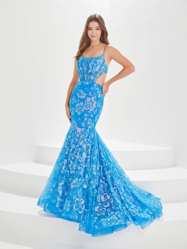 cocktail dresses with satin belts for waist definition --Glitter Print Corset Mermaid Dress by Tiffany Designs 16011