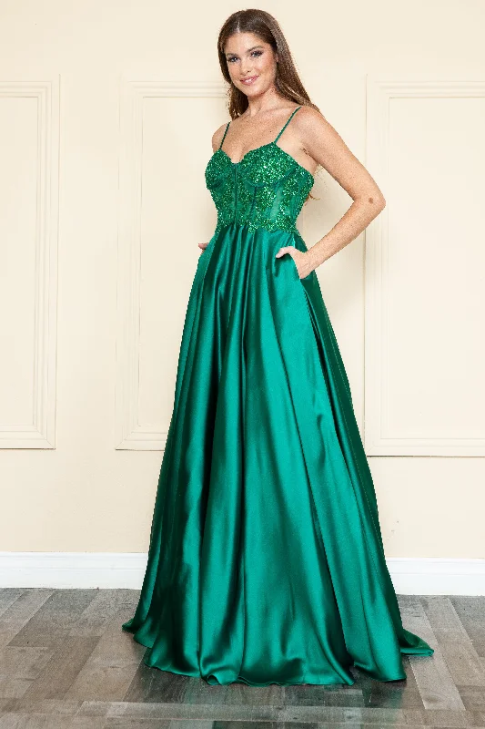 cocktail dresses with satin belts for waist definition --Embroidered Satin Gown by Poly USA 9126