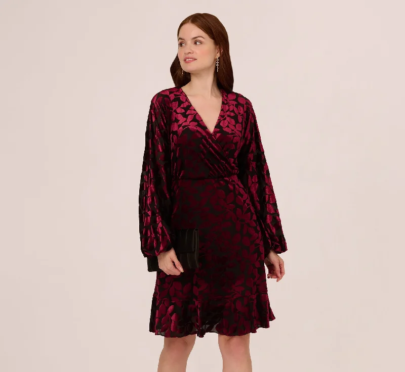 Boho-chic spring dresses for a relaxed vibe -Velvet Burnout Faux Wrap Dress With Long Bishop Sleeves In Burgundy Black