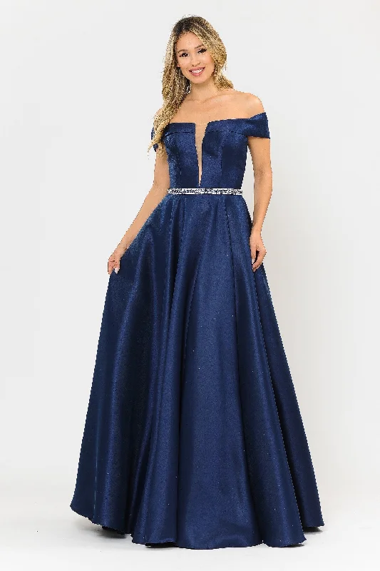 bridesmaid dresses with mesh sleeves for subtle elegance --Long Off Shoulder Illusion V-Neck Dress by Poly USA 8680