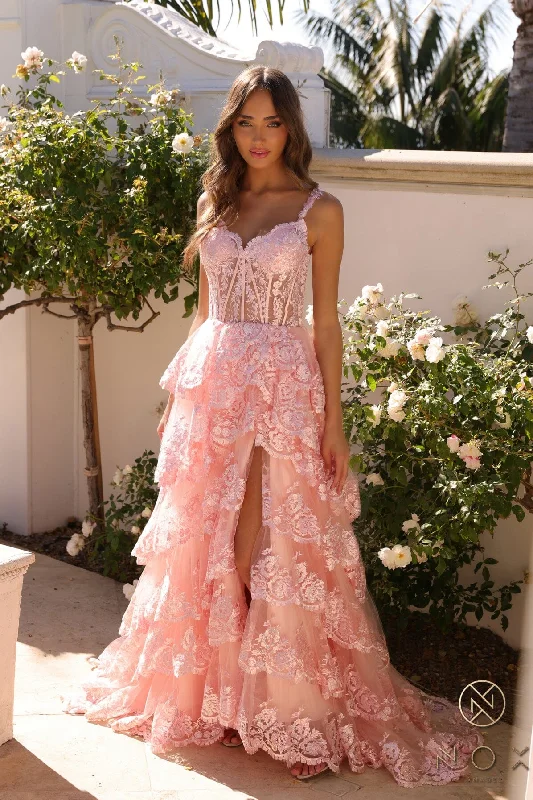 formal dresses for bridesmaids in matching pastel colors --Applique Sweetheart Tiered Slit Gown by Nox Anabel R1299