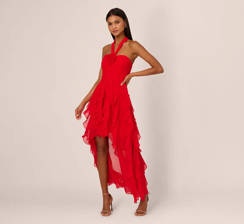 formal dresses with floral prints for garden weddings --High Low Halter Dress With 3D Floral Accent In Red Desire