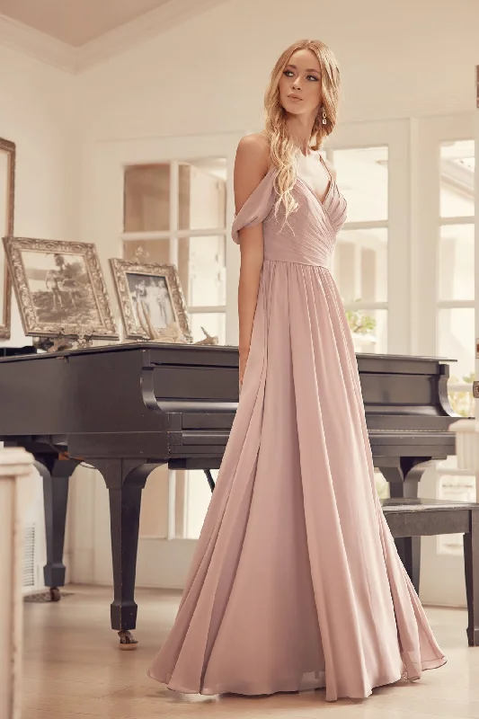 bridesmaid dresses with long sleeves for modest weddings --Long Pleated Cold Shoulder Dress by Juliet 262