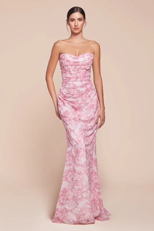 formal dresses for evening galas with sequin embellishments --Floral Print Fitted Strapless Gown by Ladivine 7445 - Outlet