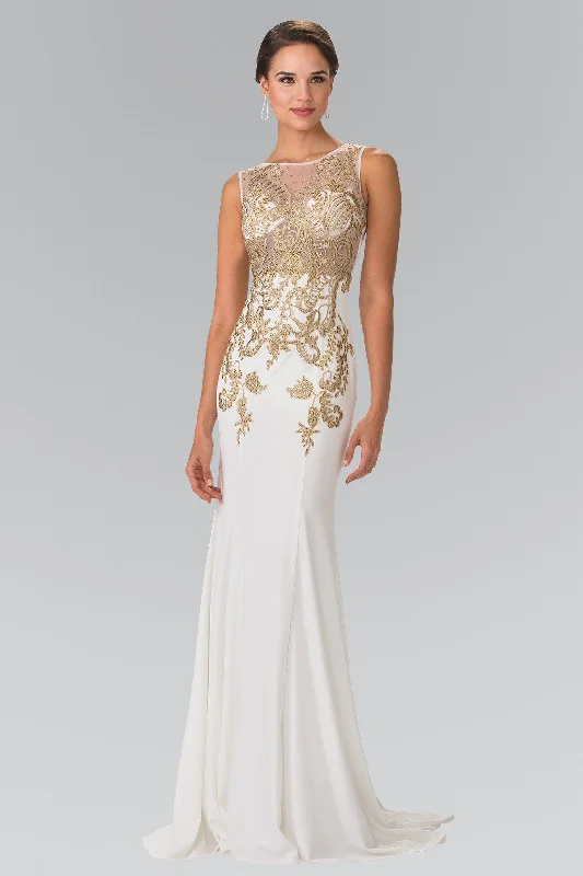 Best wedding guest dresses for evening galas -Long Lace Appliqued Dress with Sheer Bodice by Elizabeth K GL2230
