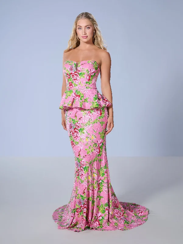 formal dresses with floral prints for garden weddings --Floral Print 2-Piece Strapless Gown by Tiffany Designs 16140