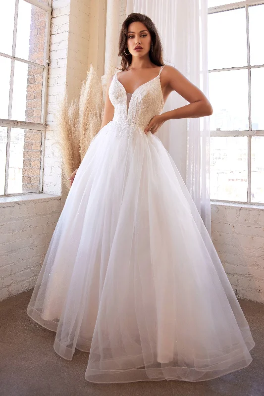 formal dresses with tiered skirts for volume and movement --White Beaded Long Tulle Dress by Cinderella Divine CD0154W