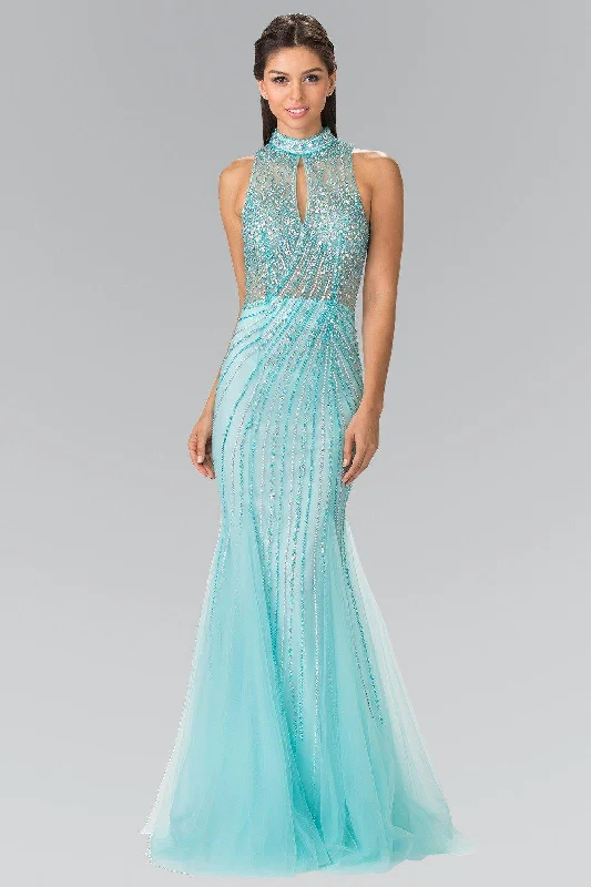 cocktail dresses with floral appliques for spring vibes --Long Halter Dress with Beaded Illusion Top by Elizabeth K GL2330