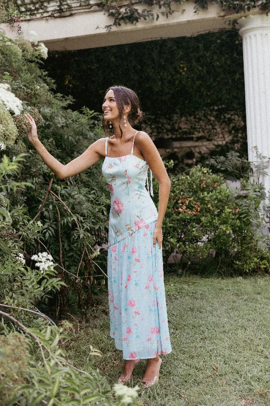 Wedding guest dresses with ruffles for a playful look -Renata Maxi Dress - Blue Floral