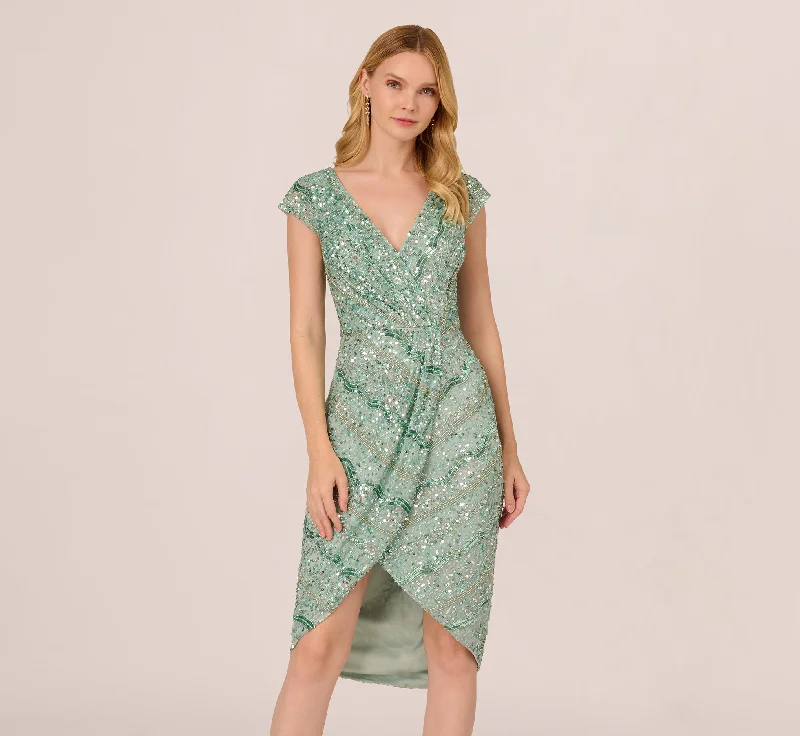 Wedding guest dresses for contemporary weddings with modern flair -Beaded Faux Wrap Dress With Sheer Cap Sleeves In Icy Sage