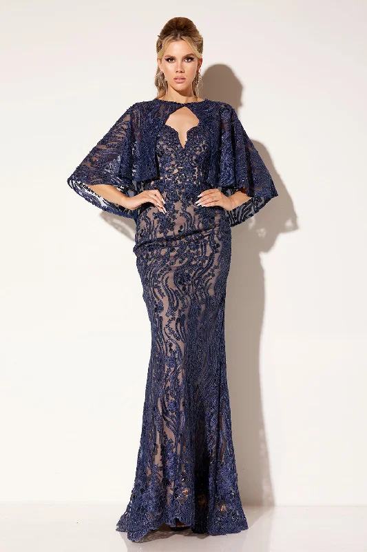 cocktail dresses with layered skirts for dramatic effect --Lace Fitted 2-Piece Cape Gown by Lucci Lu C8086