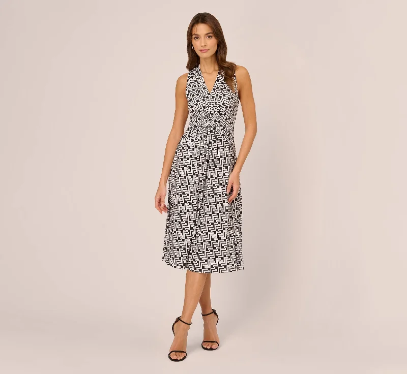Spring dresses for casual days at the office -Sleeveless Geo Print Midi Dress With Knotted Detail In Black White