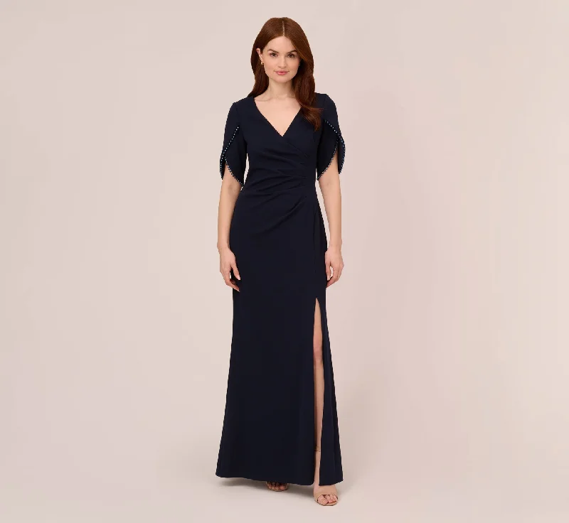 formal dresses with asymmetrical hemlines for trendy looks --Crepe Mermaid Gown With Pearl Trim Short Sleeves In Midnight