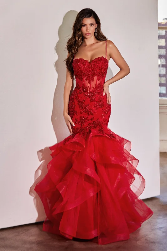 formal dresses for holiday parties in jewel tones --Applique Sleeveless Ruffled Mermaid Dress by Ladivine CC8915