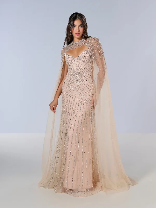 formal dresses for beach weddings with lightweight fabrics --Fitted Sleeveless Cape Gown by Tiffany Designs 16202