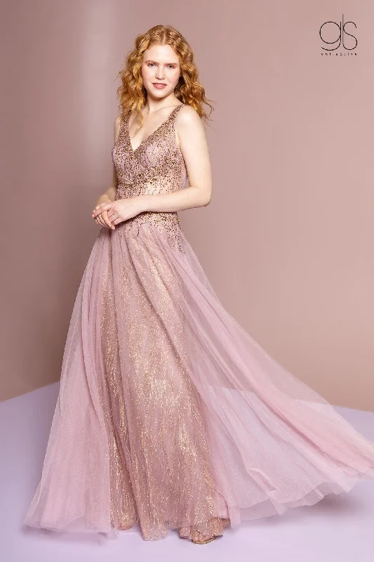 cocktail dresses with floral appliques for feminine charm --Beaded Long Glitter Sheer V-Neck Dress by Elizabeth K GL2618