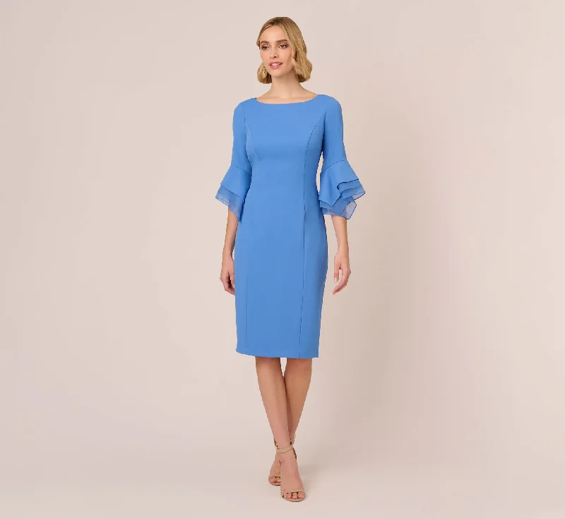 Casual spring dresses for a laid-back vibe -Knit Crepe Sheath Dress With Tiered Three Quarter Sleeves In Cool Water