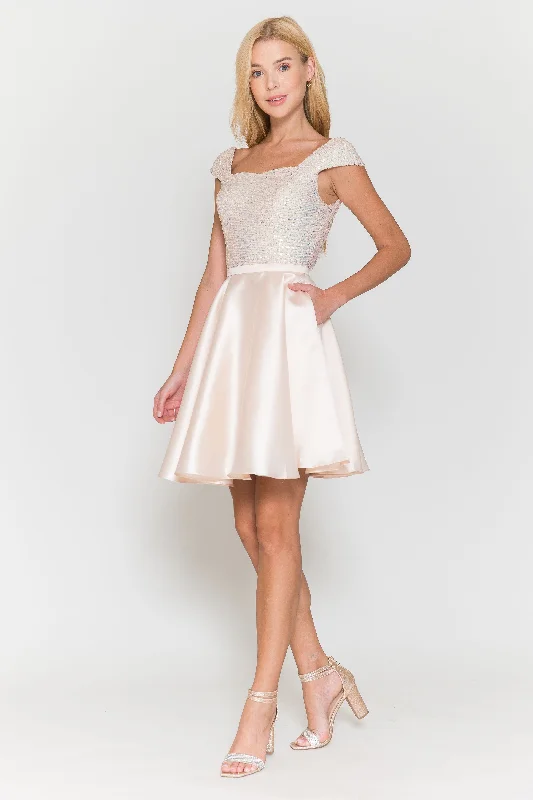 Elegant satin dresses for wedding guests -Short Sequin Bodice Cap Sleeve Dress by Poly USA 8732