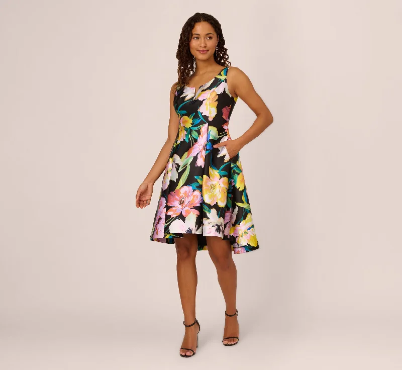 Wedding guest dresses with delicate pleats for added texture -Floral Print Mikado Sleeveless Dress With High Low Skirt In Black Multi