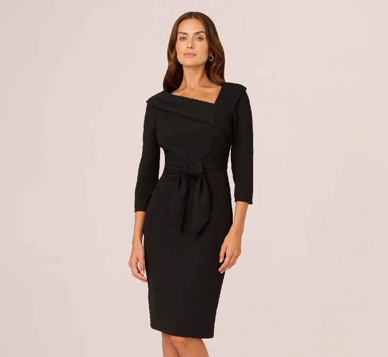 Floral spring dresses for a casual day out -Knit Crepe Tie Front Sheath Dress In Black