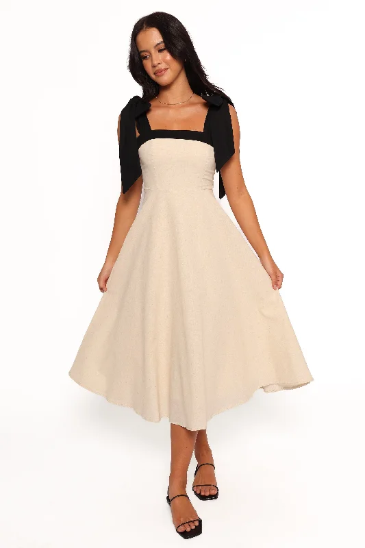 Beautiful evening party dresses for elegant affairs -Olinda Midi Dress - Oatmeal Black