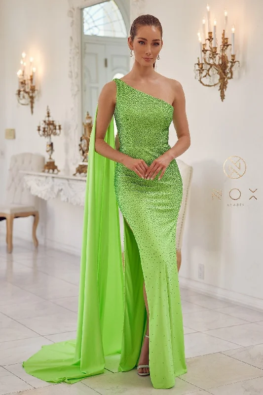 formal dresses with high necklines for modest fashion lovers --Fitted Long One Shoulder Dress by Nox Anabel E1039