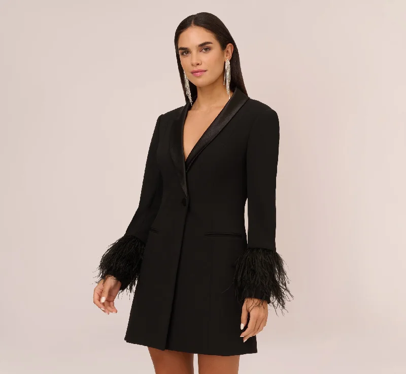 Formal wedding guest dresses for black-tie weddings -Knit Crepe Long Sleeve Blazer Dress With Feather Trim In Black