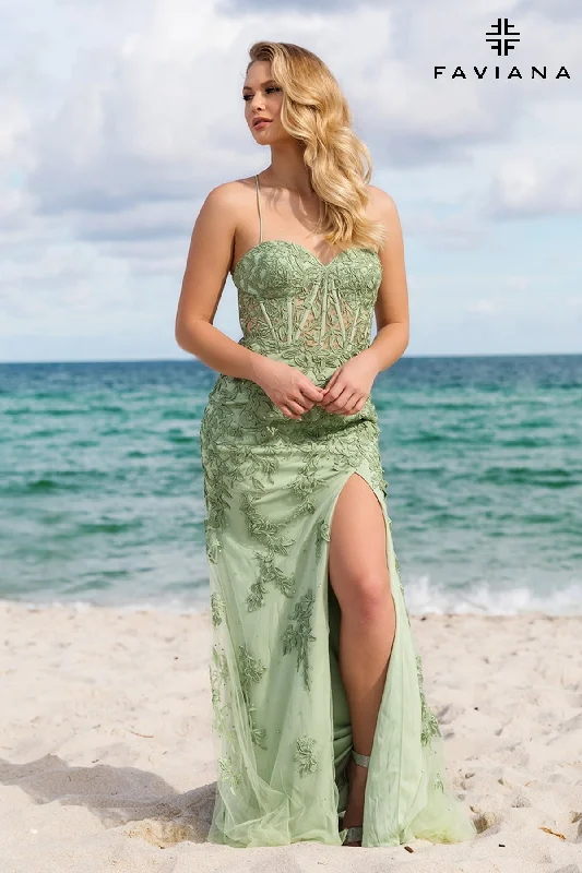 cocktail dresses with sweetheart necklines for romantic looks --Lace Tulle Fitted Corset Slit Gown by Faviana 11054