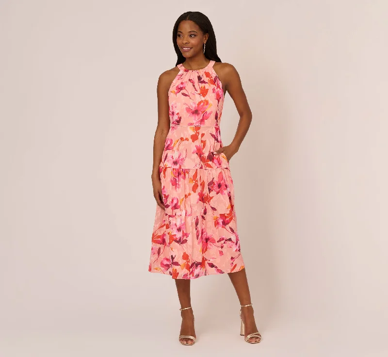 Spring dresses with pockets for practicality -Floral Chiffon Halter Dress With Tiered Skirt In Apricot Multi