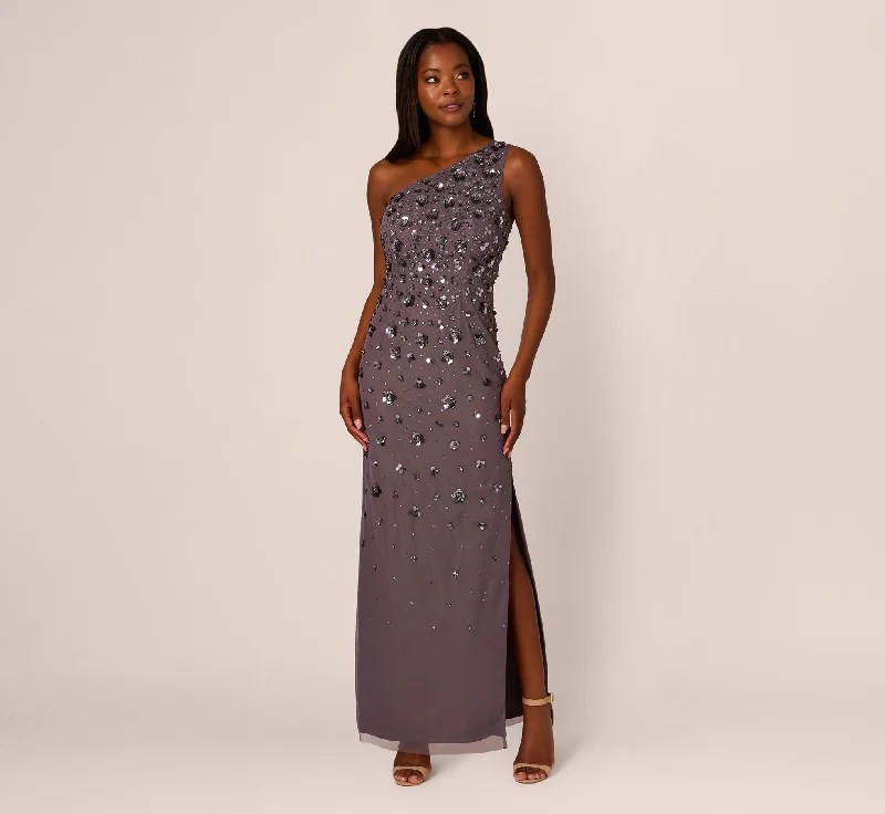 formal dresses for women with disabilities featuring magnetic closures --3D Floral Hand-Beaded One-Shoulder Long Column Gown In Moonscape